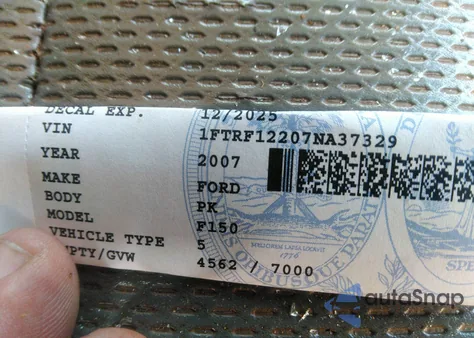 2007 Ford F-150 Stx/Xl/Xlt z USA, uszkodzony, nr VIN 1FTRF12207NA37329